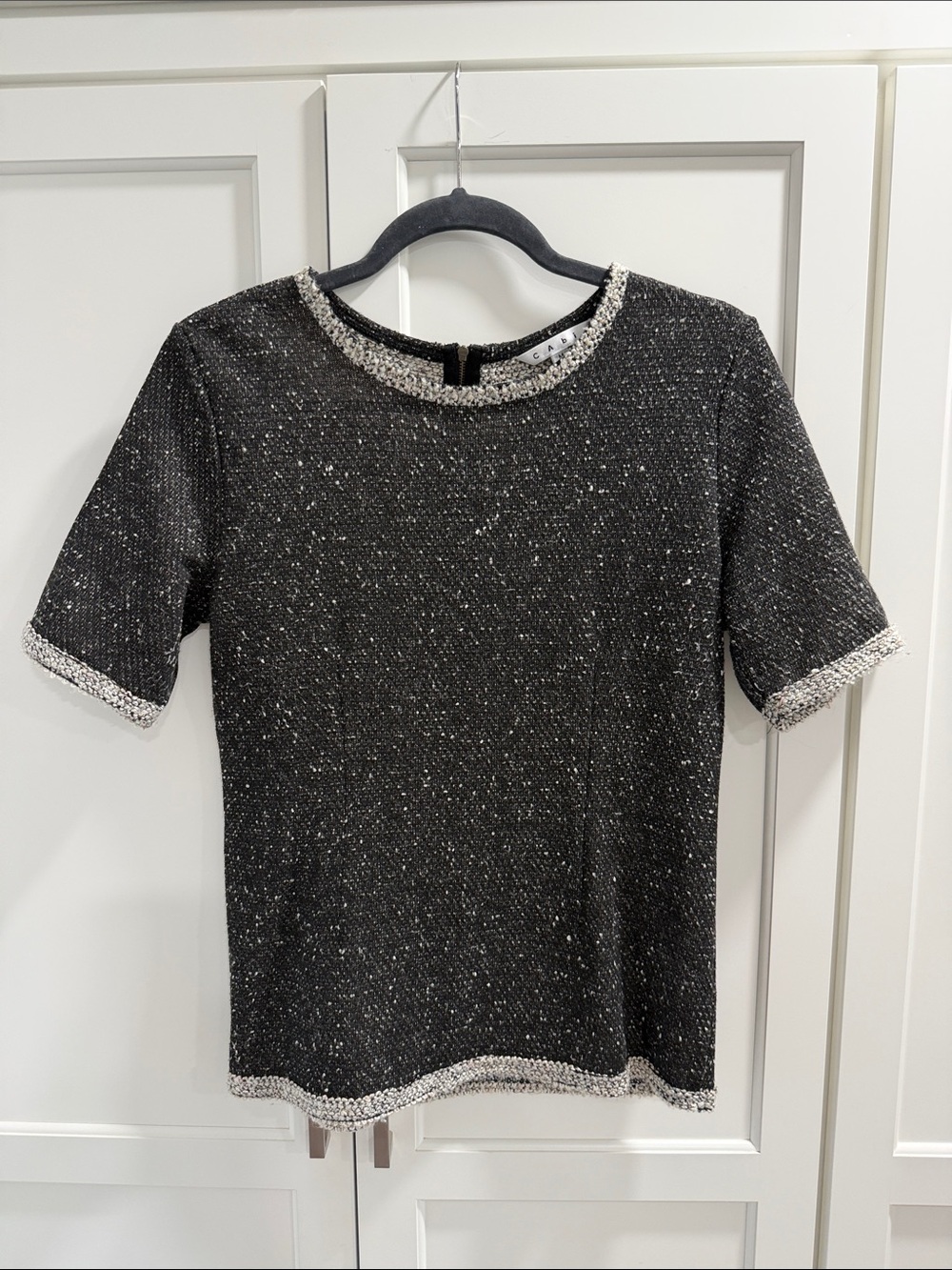 CAbi Black and White Textured Short-Sleeve Tweed Top